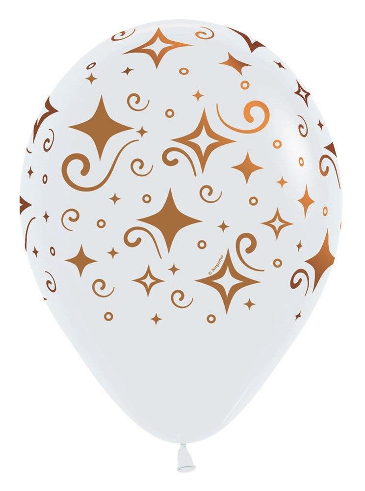 White 11 inch latex balloon with copper diamond and star swirl print all over.