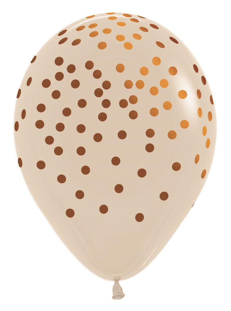 11-inch beige latex balloon with copper metallic confetti dot print all over.
