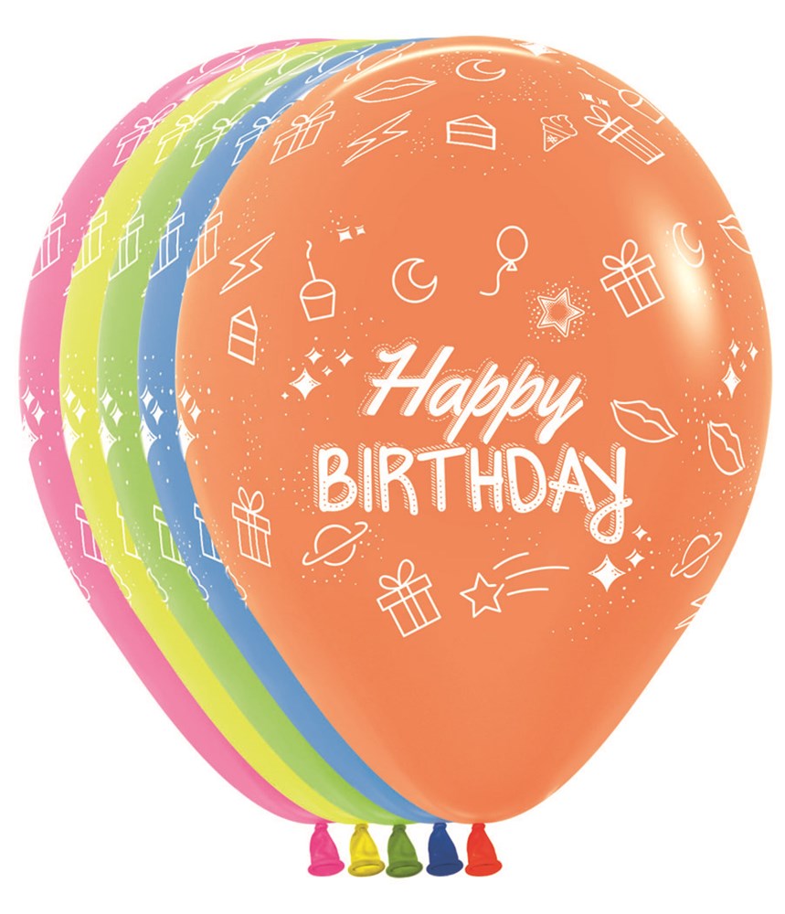 Colorful 11-inch latex balloons with white "Happy Birthday" text and festive icons print, 50-pack.