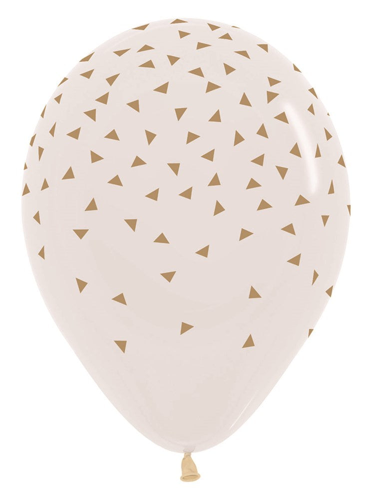 11-inch white latex balloon with scattered small gold triangles pattern.