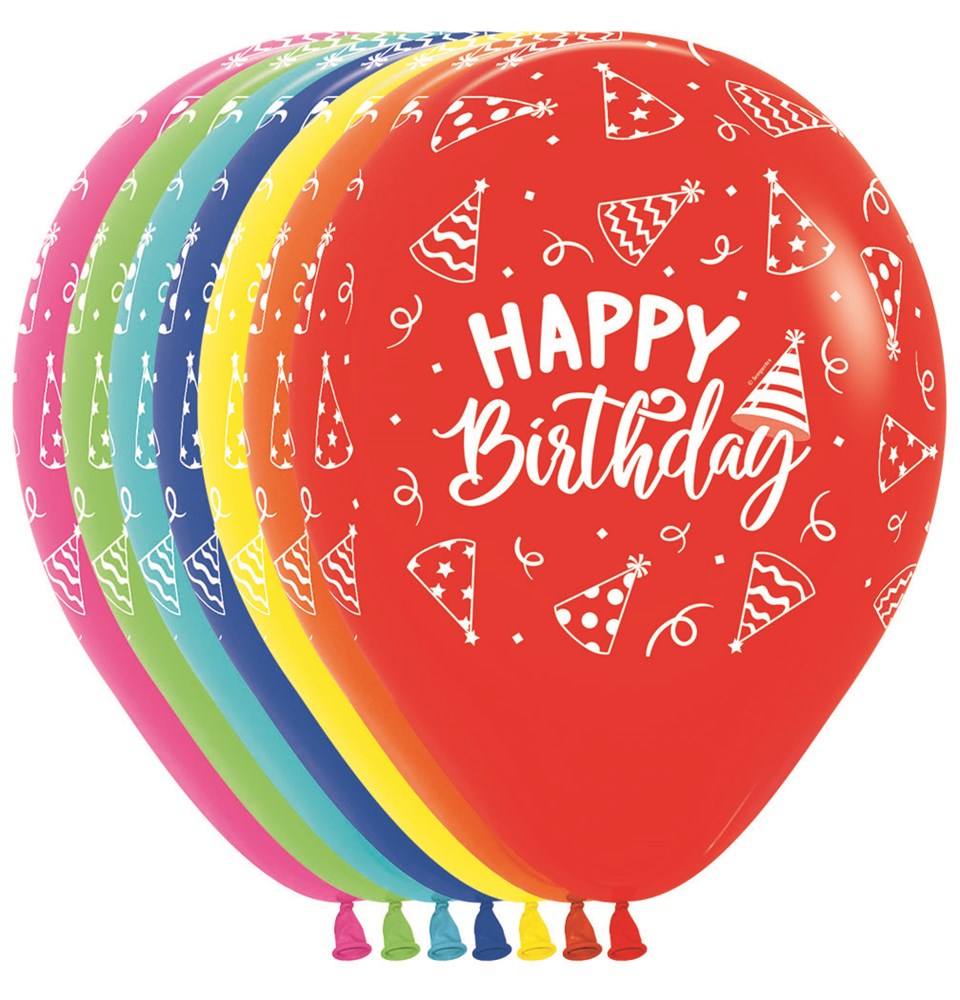 Colorful 11-inch latex balloons with white "Happy Birthday" text and party hat and confetti patterns, 50 count pack.