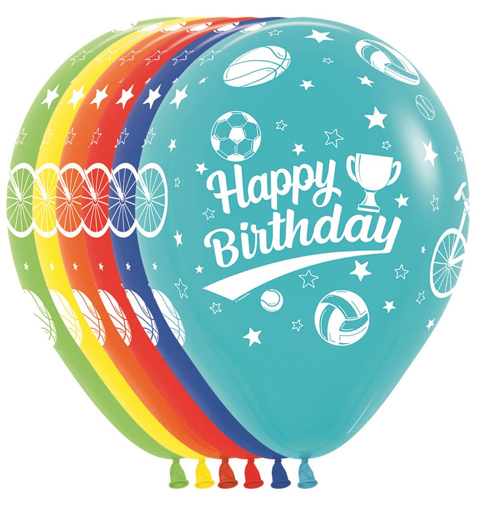 Colorful latex balloons with sports-themed white prints and "Happy Birthday" text, 11-inch round shape.
