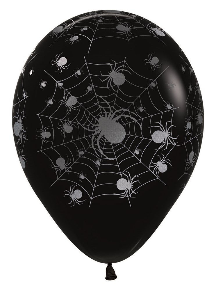 Black latex balloon with white spider web and multiple spider all-over print, 11 inches inflated.