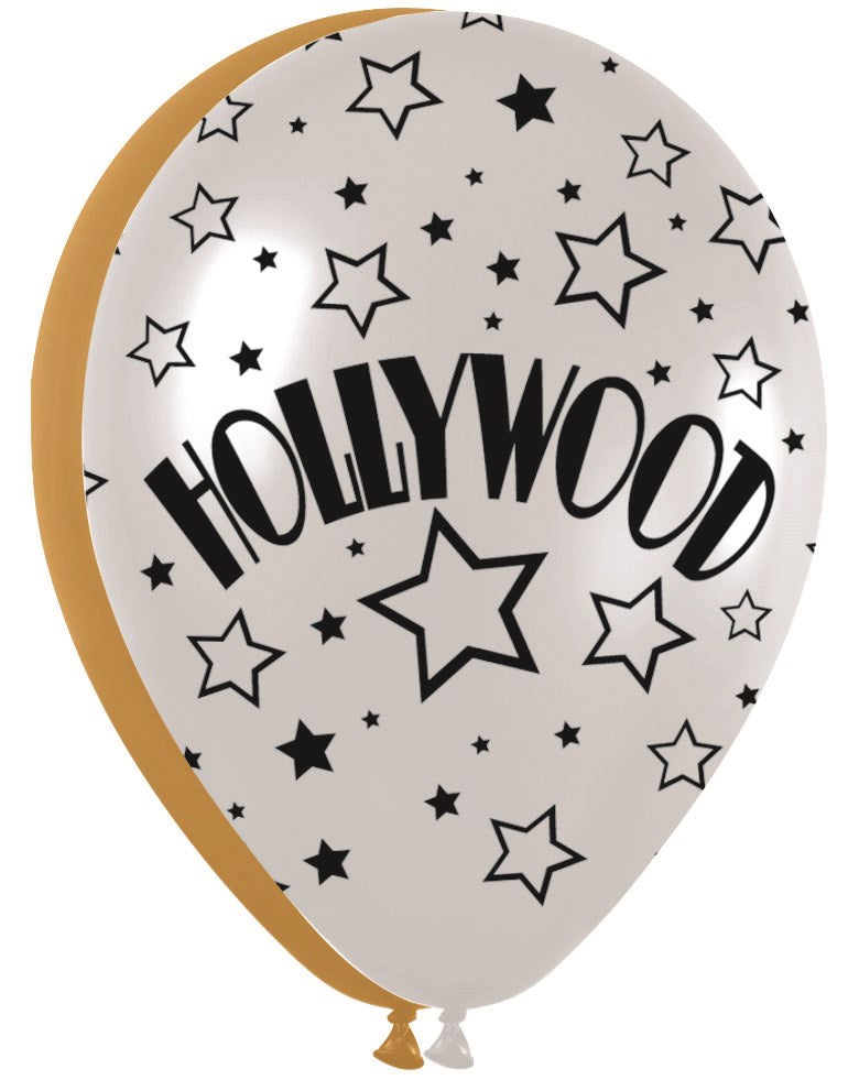 White latex balloon with black "HOLLYWOOD" text and scattered black star patterns, 11-inch round shape.