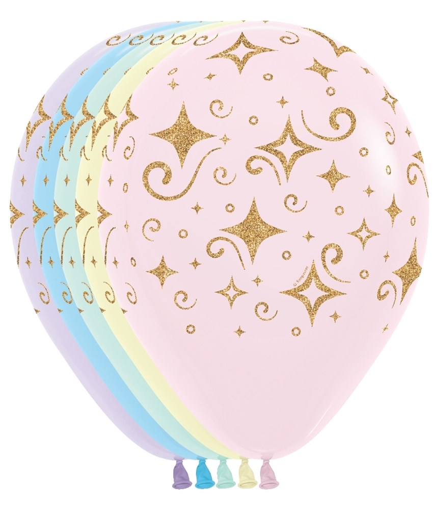 Set of pastel matte latex balloons in pink, blue, purple, and green with gold diamond star patterns, 11-inch round shape.