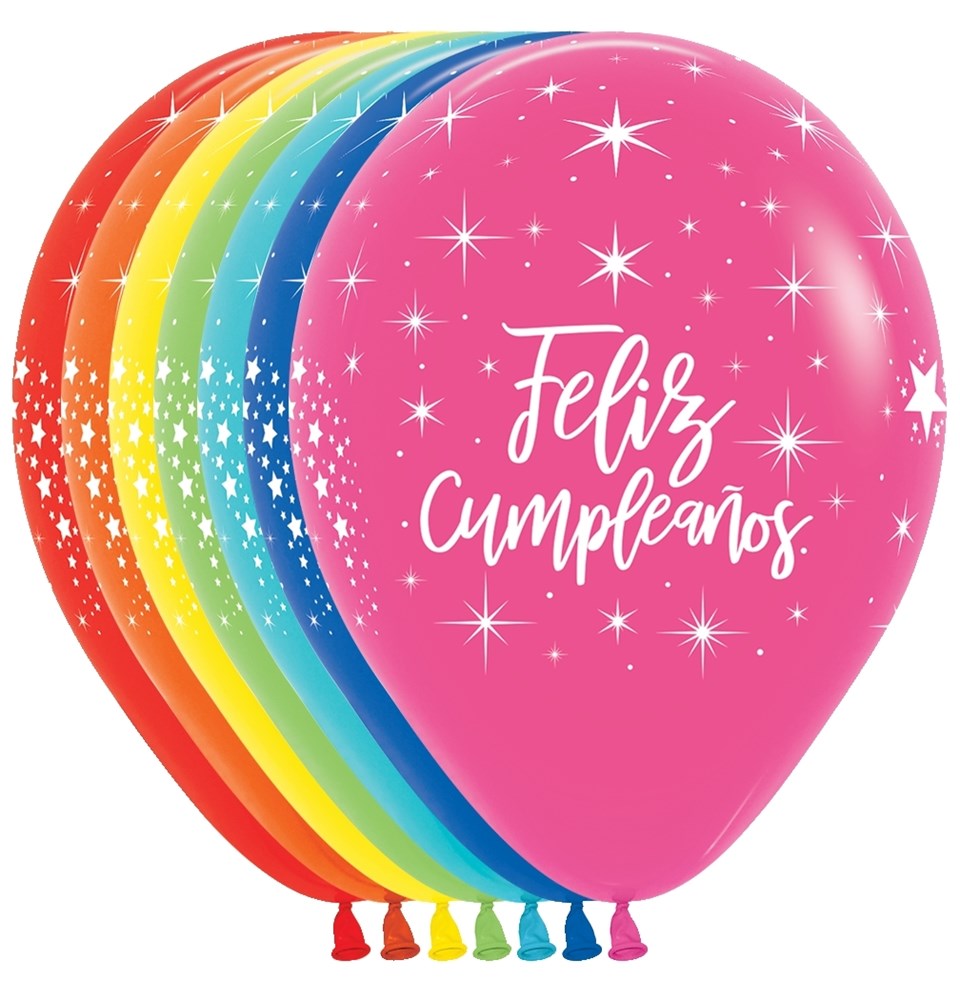 Set of colorful latex balloons in pink, red, orange, yellow, green, blue, and purple, each 11 inches with white "Feliz.
