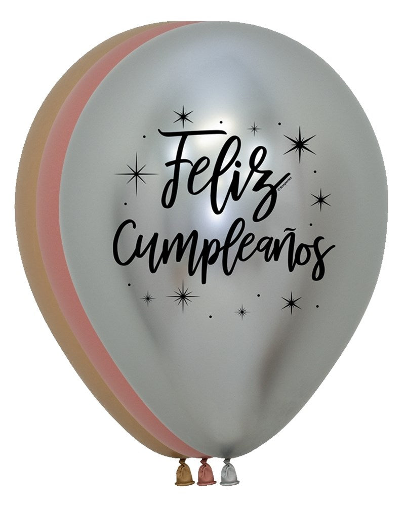 Set of 11-inch round latex balloons in metallic silver, pink, and peach with black "Feliz Cumpleaños" text and star accents.