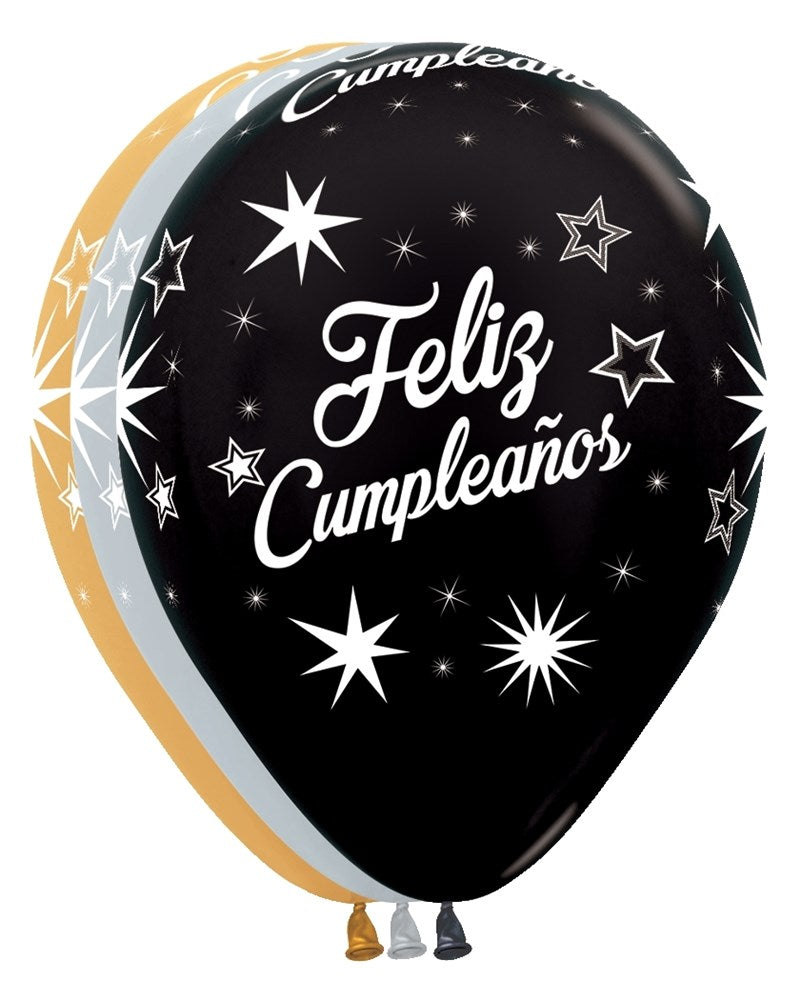Black latex balloon with white "Feliz Cumpleaños" text and white star and sparkle designs.