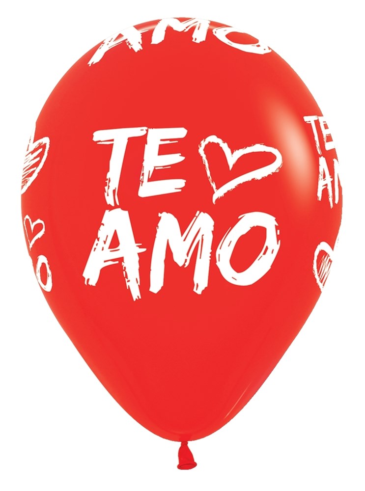 Red latex balloon with white "Te Amo" text and heart designs, 11-inch size.