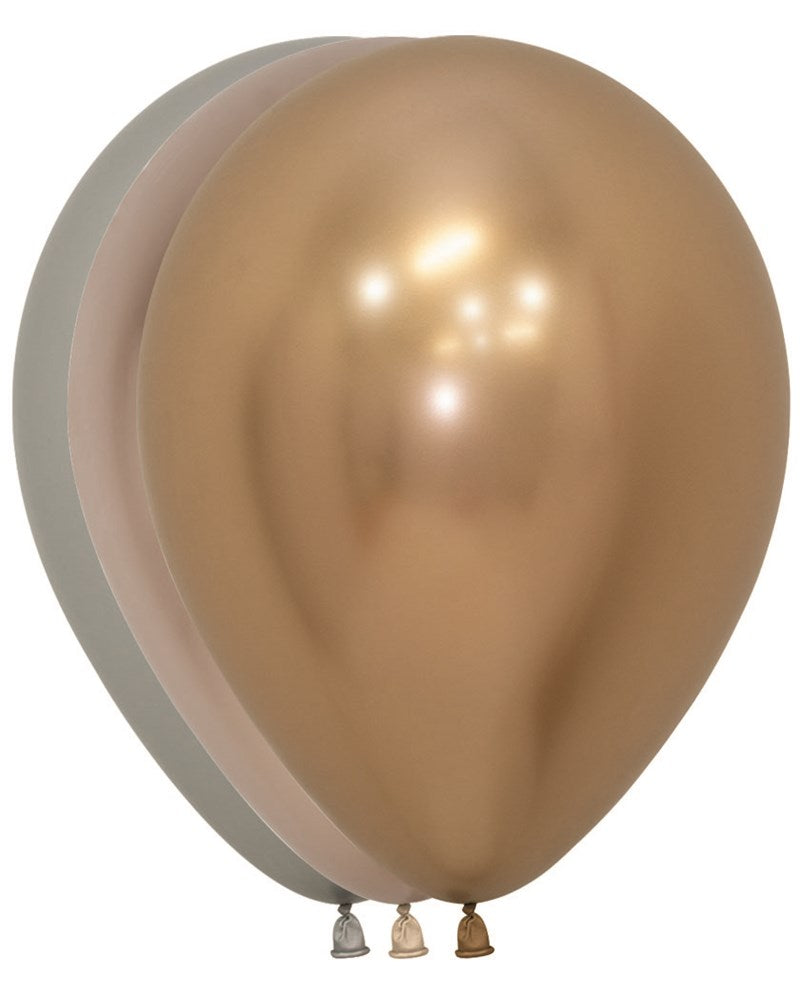 Set of three 11-inch shiny reflex gold latex balloons with smooth surface and round shape.