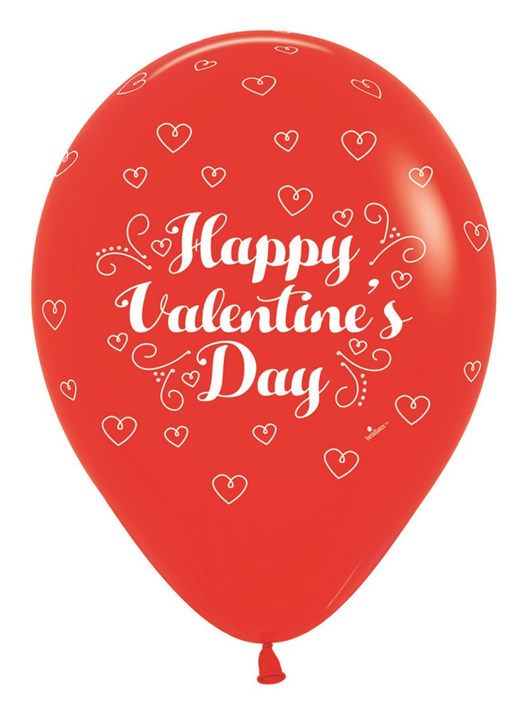 Red latex balloon with white "Happy Valentine's Day" text and small heart doodles all over the surface.