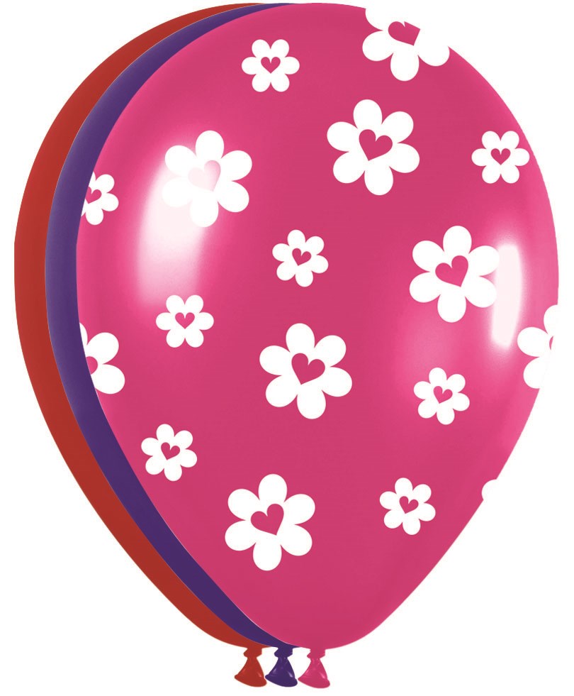 Bright pink latex balloon with white heart-shaped flower patterns, 11-inch round shape.