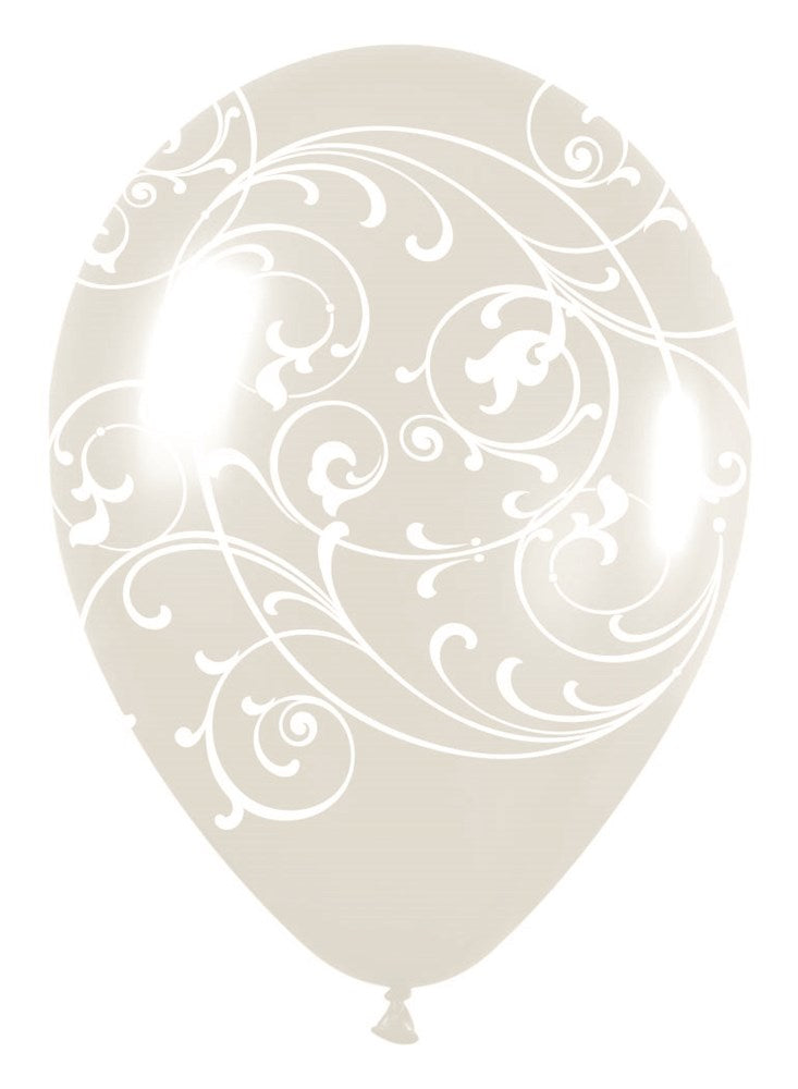 11-inch clear latex balloon with white intricate filigree swirl design, round shape.