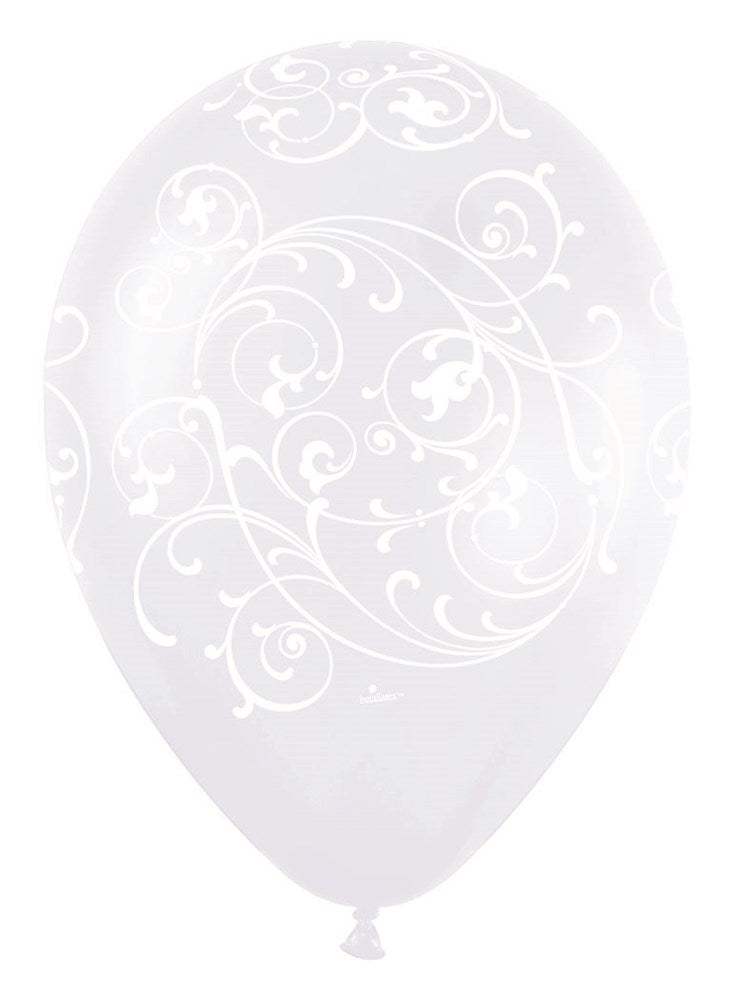 Pearl white 11-inch latex balloon with delicate white filigree swirl pattern, pack of 50.