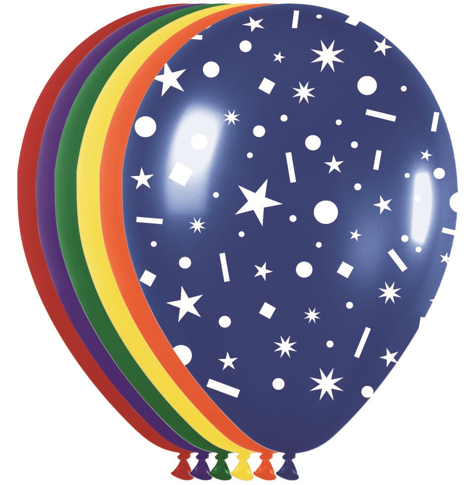11-inch latex balloons in blue, red, purple, green, yellow, and orange with white sparkly confetti stars, dots, and shapes.