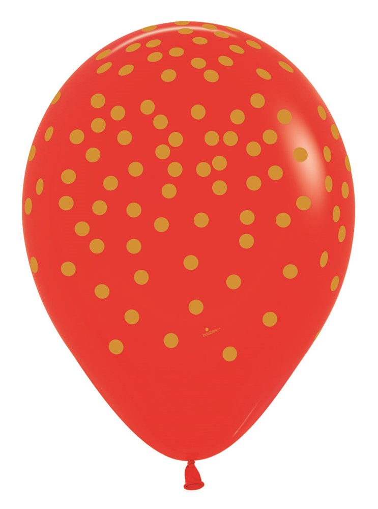 Red latex balloon with scattered gold confetti dots, 11 inch round shape.