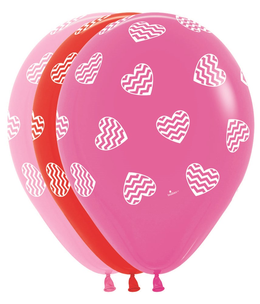Pink and red latex balloons with white chevron heart patterns, 11-inch size, set of three.