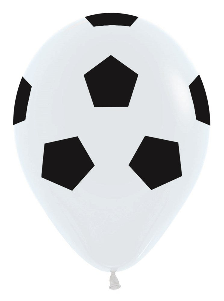 White 11-inch latex balloon with black soccer ball pentagon and hexagon print.