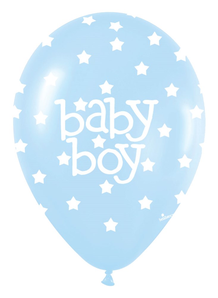 Light blue latex balloon with white stars and "baby boy" text in playful font, 11 inch size.