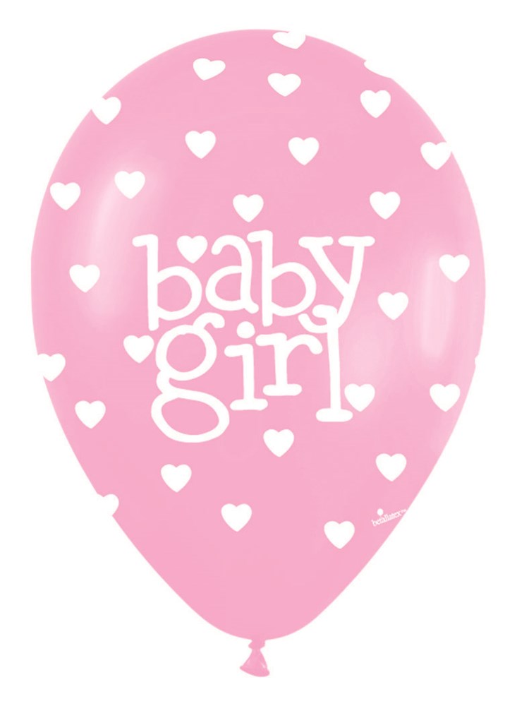 Pink latex balloon with white "baby girl" text and scattered small white hearts, 11 inch size.