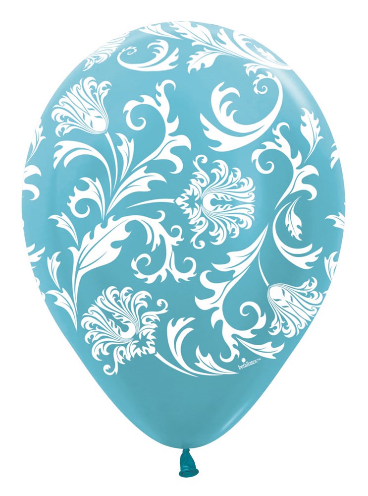 11-inch pearl Caribbean blue latex balloon with white damask floral pattern.