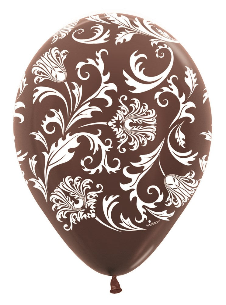 11-inch metallic chocolate latex balloon with white damask floral pattern.