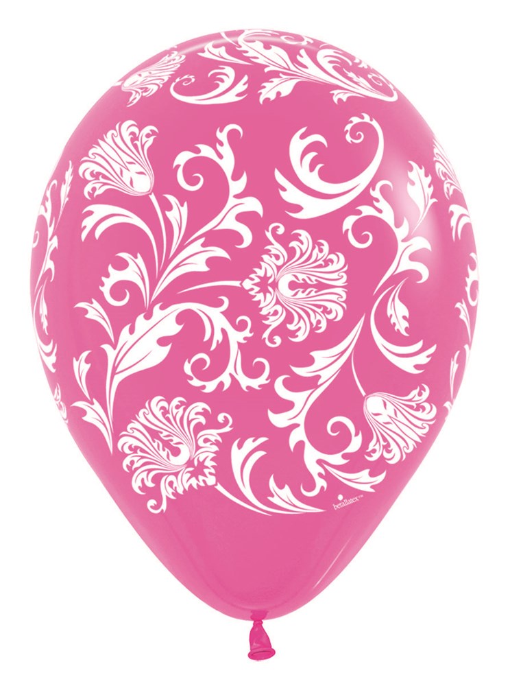 11-inch fuchsia latex balloon with intricate white damask all-over print, round shape, tied end.