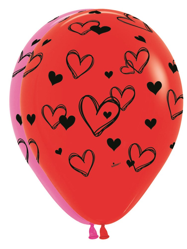 Red 11-inch latex balloon with black scribbled heart designs printed all over.
