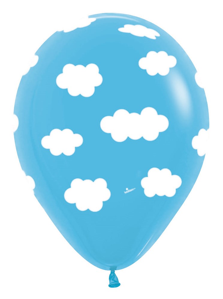 Light blue latex balloon with scattered white cloud print, 11-inch round shape.