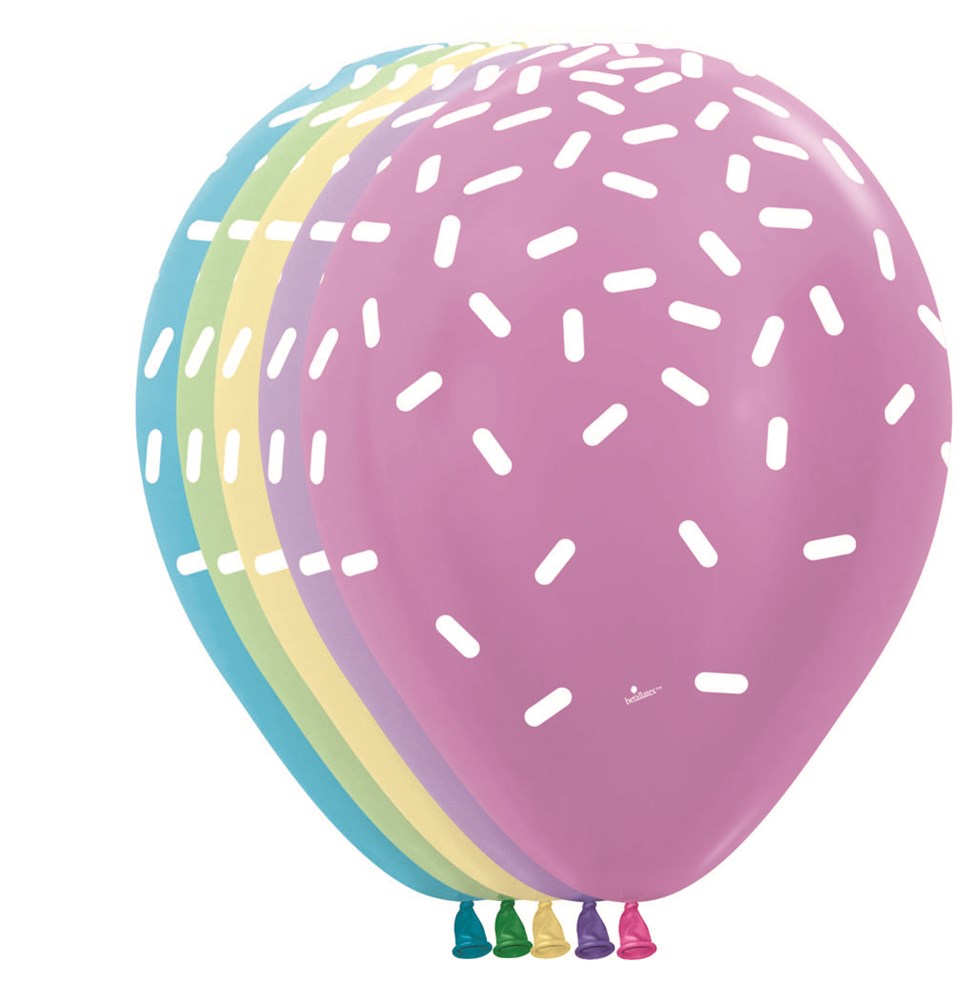 Set of 11-inch latex balloons in pink, purple, yellow, green, and blue with white sprinkle print.