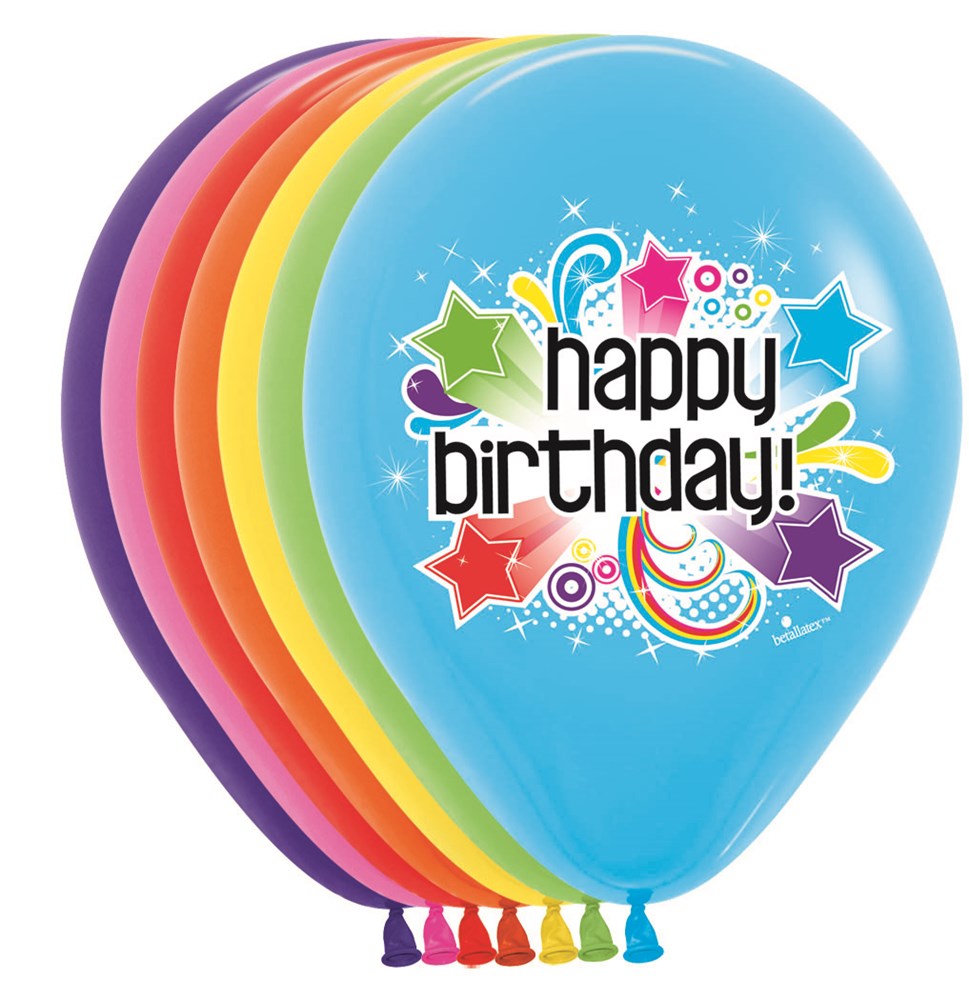 Brightly colored latex balloons in blue, purple, pink, red, orange, yellow, and green; blue balloon features "Happy.