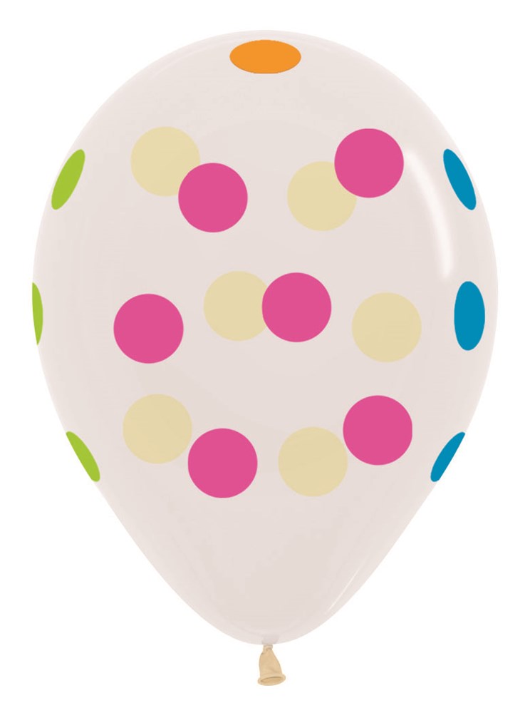 11-inch clear latex balloon with colorful polka dots in pink, yellow, orange, green, and blue.
