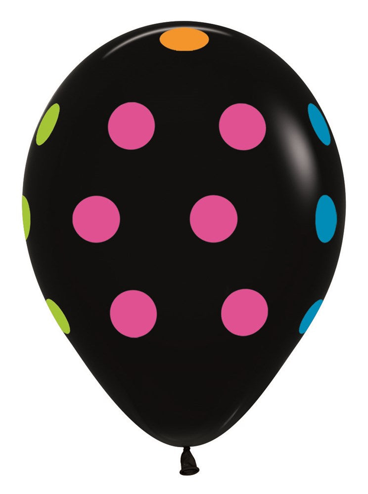 11-inch black latex balloon with colorful polka dots in pink, blue, orange, and green.