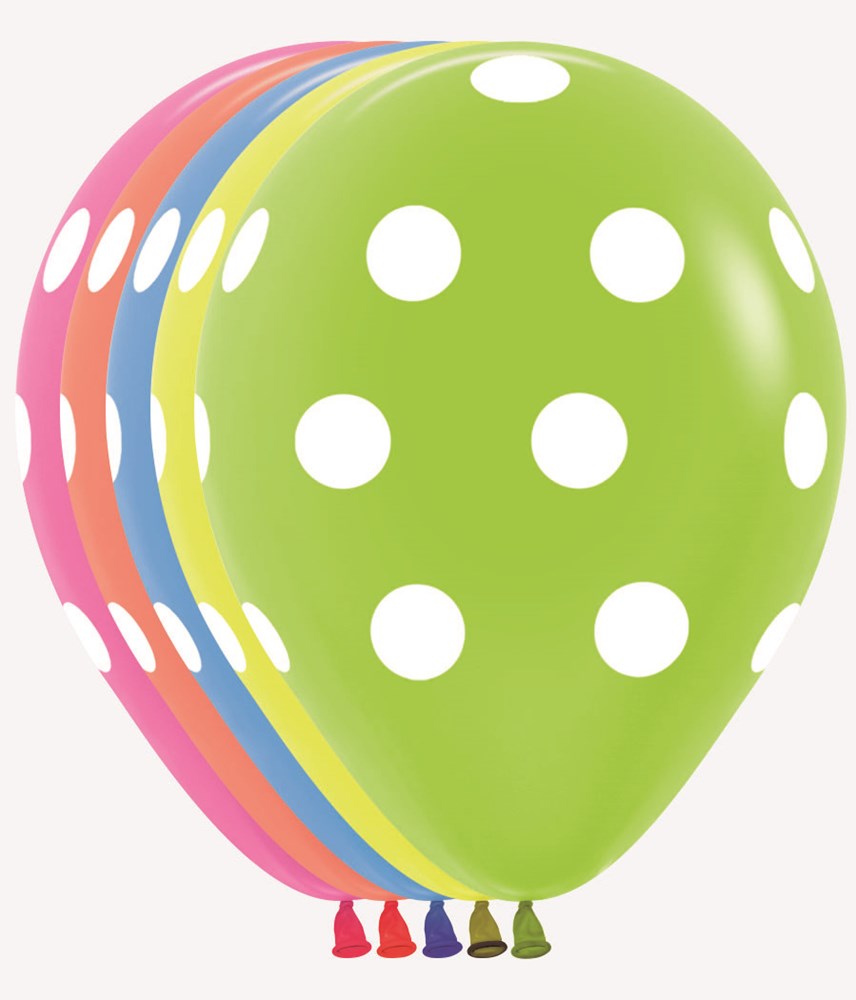 11 inch neon latex balloons with white polka dots in green, orange, blue, pink, and yellow colors, 50 count pack.