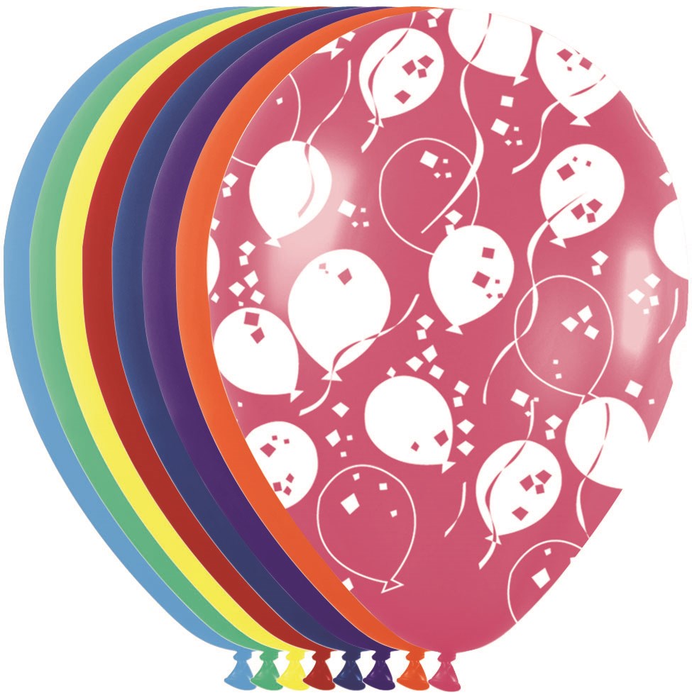 Set of 11-inch latex balloons in assorted colors with white all-over party balloon print, 50 count.