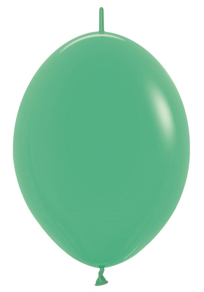 12-inch green latex balloon with a smooth, glossy surface and oval shape.