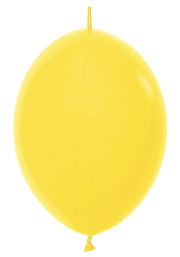 Bright yellow 12-inch latex balloon with a smooth, glossy surface and tied end.