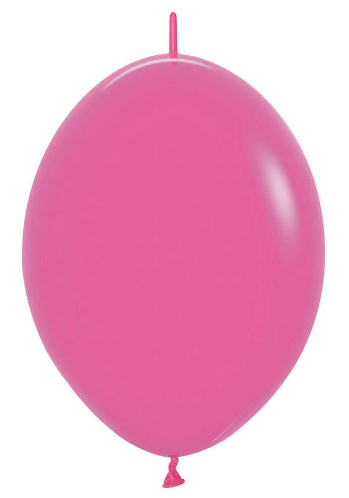 Bright fuchsia 12-inch latex balloon inflated, smooth surface, teardrop shape, tied end visible.