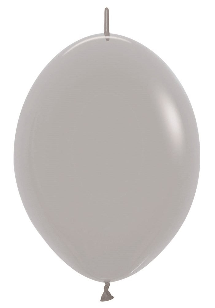 12 inch gray latex balloon inflated with smooth, shiny surface and oval shape.