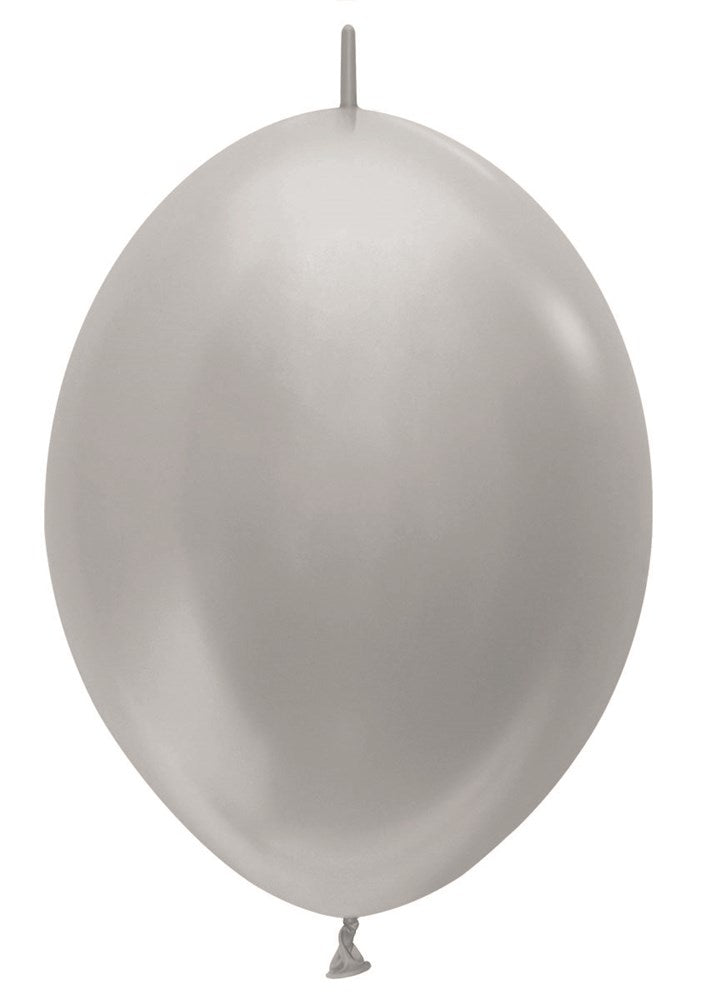 12-inch metallic silver latex balloon with a smooth shiny surface and elongated oval shape.