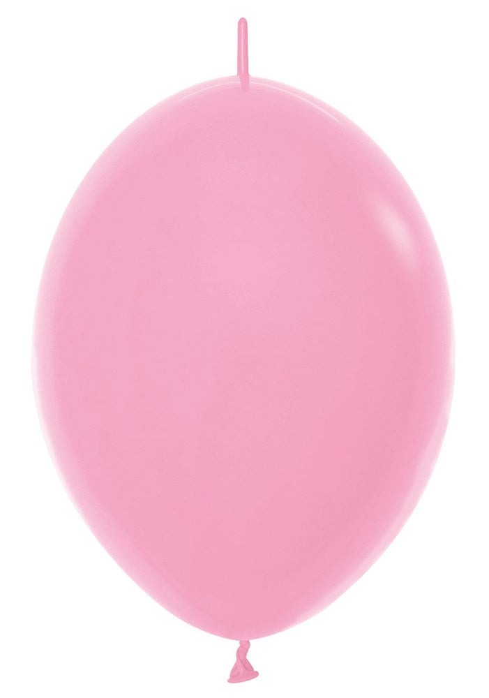Glossy bubble gum pink latex balloon inflated to standard 12-inch size with tied end.