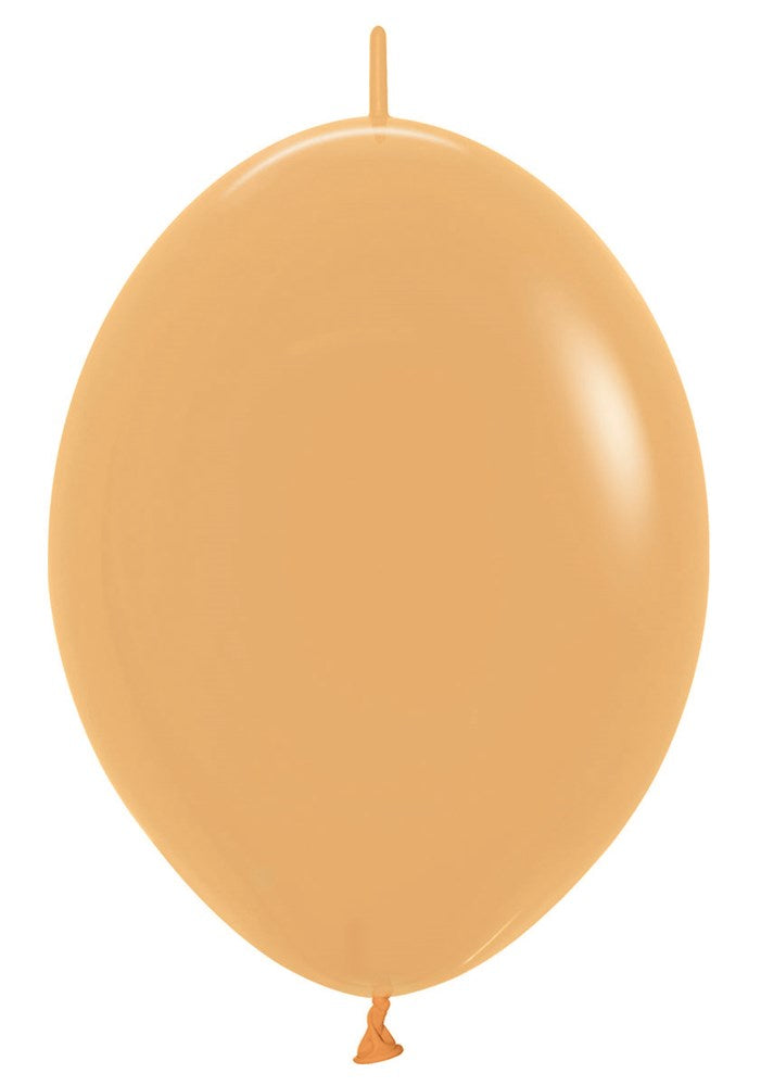 Glossy 12-inch toffee-colored latex balloon with tied end and inflation neck visible at top.