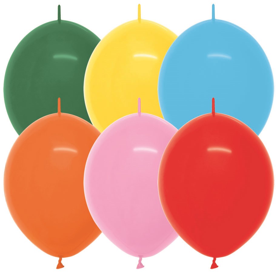 Six 12-inch latex balloons in green, yellow, blue, orange, pink, and red colors arranged in two rows.