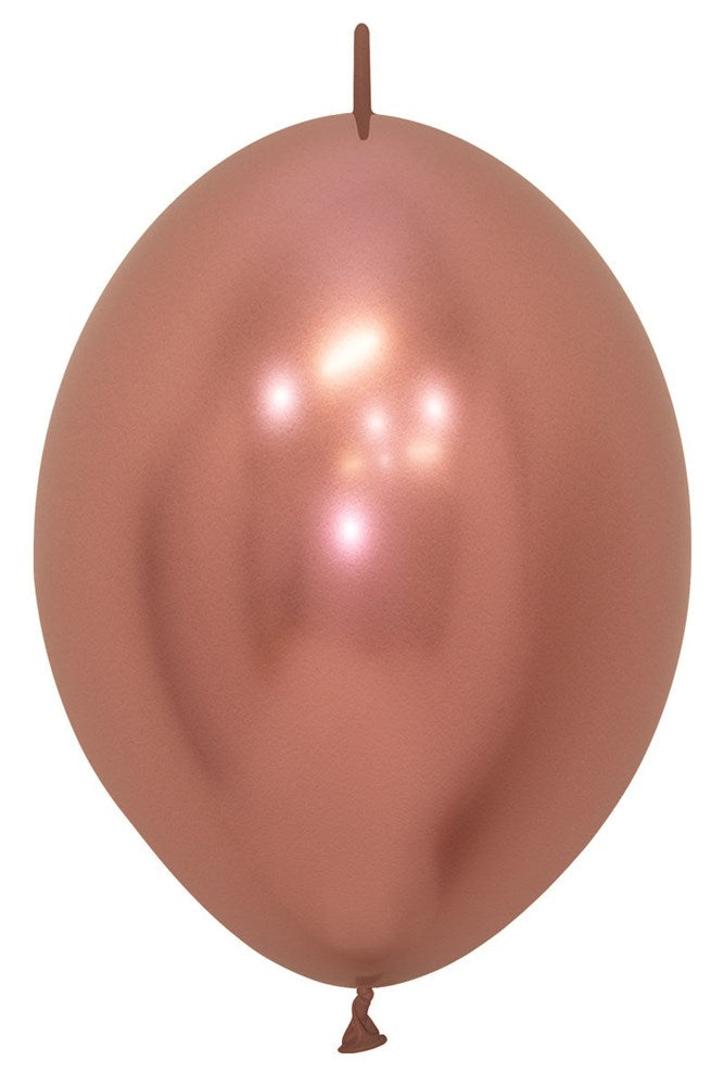 12 inch shiny rose gold latex balloon with a smooth, reflective surface and tied end.