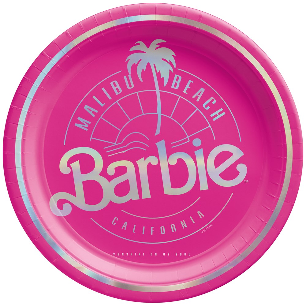 Pink 7-inch round metallic plate with silver Malibu Barbie logo and palm tree design.
