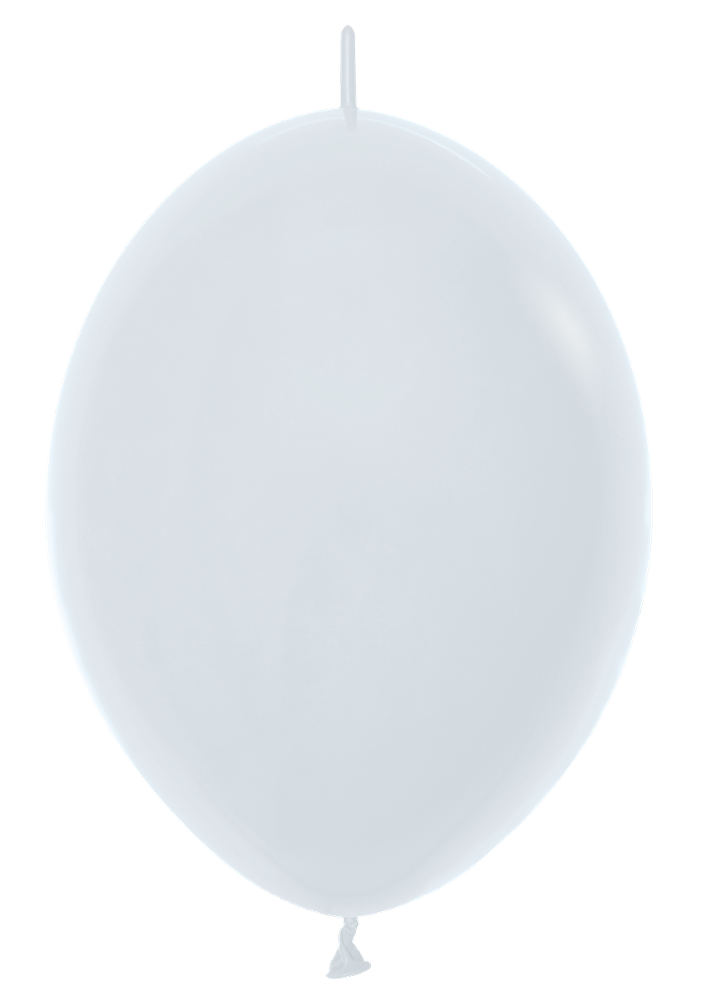 White 6-inch latex balloon with elongated oval shape and tied end.