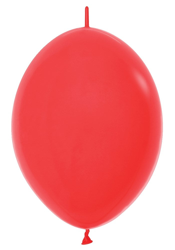 Glossy red latex balloon inflated, 6 inches, oval shape with tied end.