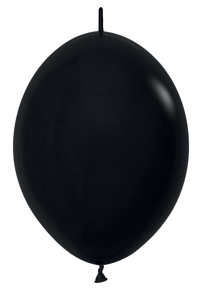 Glossy black latex balloon inflated with tied end and small loop on top.