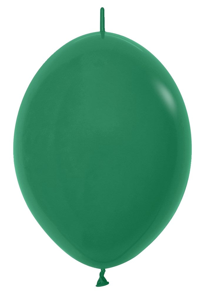 Glossy forest green latex balloon inflated, oval shape with tied end and narrow neck.