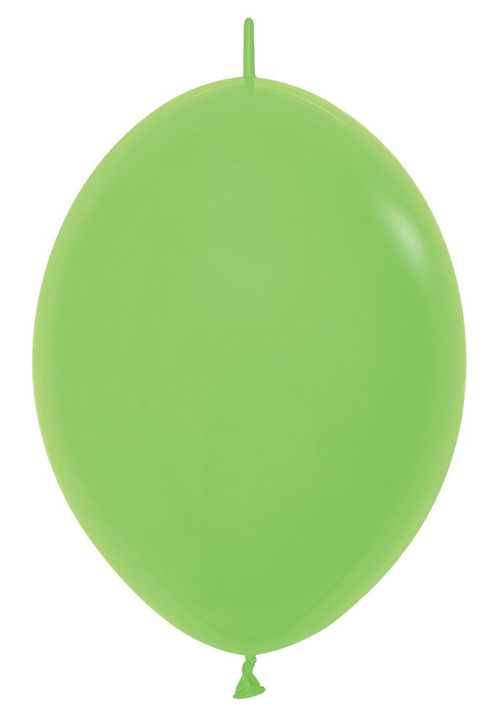 Glossy key lime green 6-inch latex balloon, oval shape, uninflated with tied end.